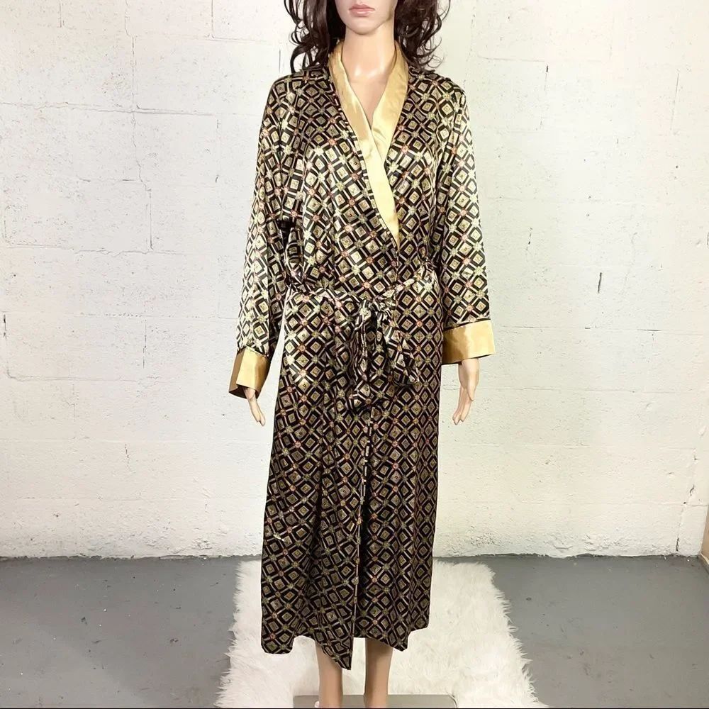 Victoria's Secret Vintage Black Gold Printed Long Sleeve Belted Robe S - Picture 3 of 9